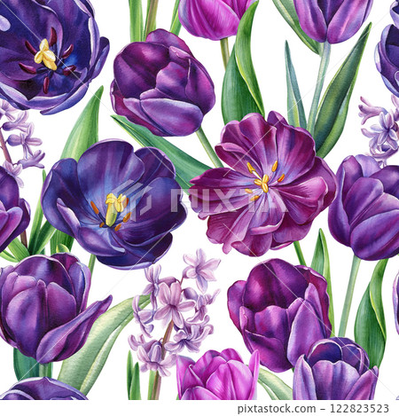 watercolor botanical pattern with tulips and hyacinths, purple flowers seamless design for fabric, wallpaper, art print 122823523