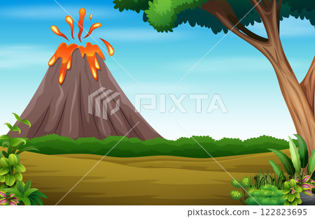 Jungle background with volcano erupting illustration 122823695