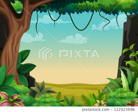 Jungle background with trees and green leaf Jungle background with trees and green leaf 122823696