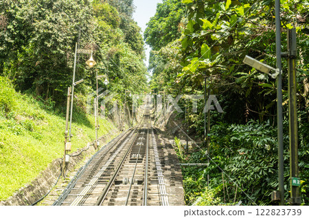 Penang Hill railway tracks leading into tunnel surrounded by lush greenery, steep incline funicular train route, scenic hillside view, popular travel destination, Malaysian heritage site Penang Hill railway tracks leading into tunnel surrounded by lush greenery, steep incline funicular train route, scenic hillside view, popular travel destination, Malaysian heritage site 122823739