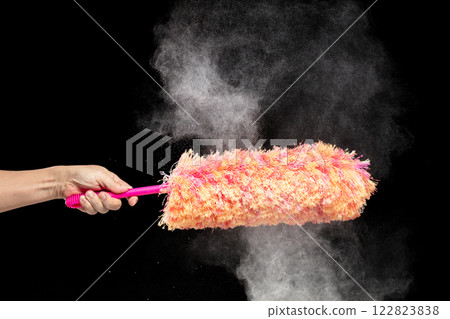 Orange microfiber Duster stick made from synthetic to clean house dust and web. Room Ceiling and window covered with dust bunnies, cobweb cleaned by microfiber duster stick. Black background isolated Orange microfiber Duster stick made from synthetic to clean house dust and web. Room Ceiling and window covered with dust bunnies, cobweb cleaned by microfiber duster stick. Black background isolated 122823838