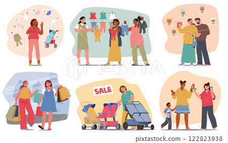 Pregnant woman making purchases at baby shop choosing newborn clothing and accessories set 122823938