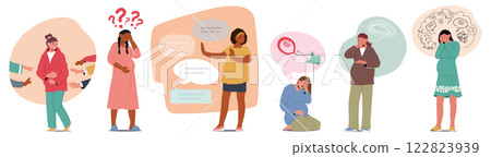 Upset pregnant women cartoon characters suffering from bullying and abuse isolated scene set 122823939