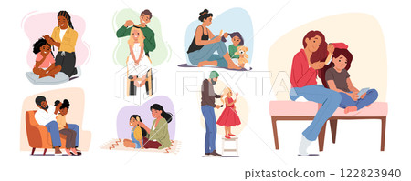 Parents combing children hair making coiffure enjoying morning routine and hygiene daycare procedure 122823940