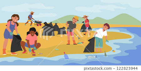 Little school kids cartoon characters cleaning beach from garbage preventing seacoast pollution 122823944
