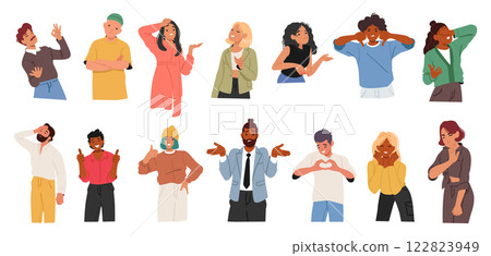Diverse people character showcasing different reaction, giving various feedback in communication 122823949