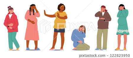 Stressed, sad pregnant woman having health problems and difficulties during pregnancy period set 122823950