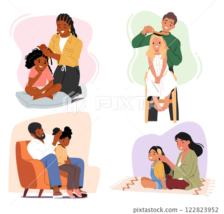 Parents and kids family of different nationalities spending time together enjoying morning routine 122823952