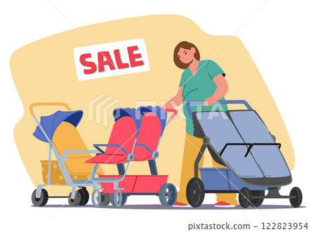Pregnant woman cartoon character choosing perambulator for twins enjoying shopping routine Pregnant woman cartoon character choosing perambulator for twins enjoying shopping routine 122823954