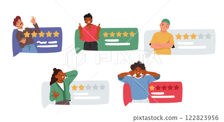 Diverse people cartoon characters participating in customer feedback rating system isolated set Diverse people cartoon characters participating in customer feedback rating system isolated set 122823956