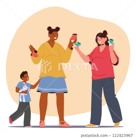 Diverse pregnant women friends cartoon character choosing footwear at baby shop enjoying shopping 122823967
