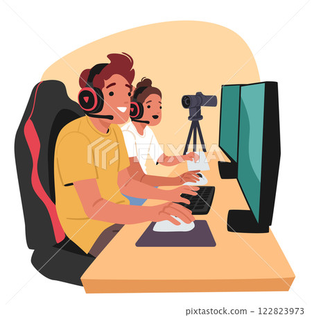 Brothers or best friends game streamer characters playing leading live streaming of competition 122823973