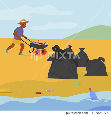 Happy experienced boy child character participating environmental voluntary activity at seacoast 122823974