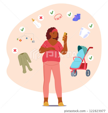 Pregnant woman cartoon character choosing baby goods using smartphone and online store service 122823977