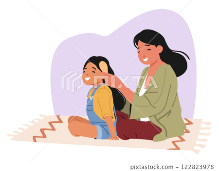 Cute asian family spending time together, mother combing daughters hair with brush cartoon scene Cute asian family spending time together, mother combing daughters hair with brush cartoon scene 122823978
