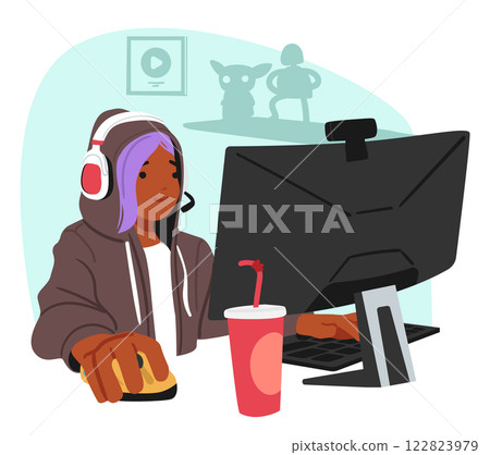 Teenage girl cartoon character sitting front of computer gaming online shooting video content Teenage girl cartoon character sitting front of computer gaming online shooting video content 122823979