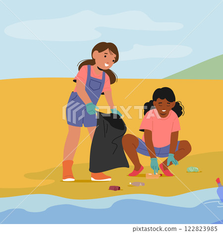 Two little girl friends picking garbage putting into pack cleaning beach from rubbish scenery 122823985