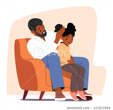 Father preparing pretty little daughter for party holiday brushing and tying her hair cartoon scene Father preparing pretty little daughter for party holiday brushing and tying her hair cartoon scene 122823988