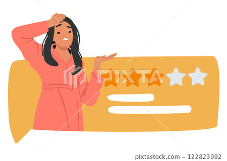 Woman cartoon character feeling upset and unhappy due to negative comment and low customer feedback Woman cartoon character feeling upset and unhappy due to negative comment and low customer feedback 122823992