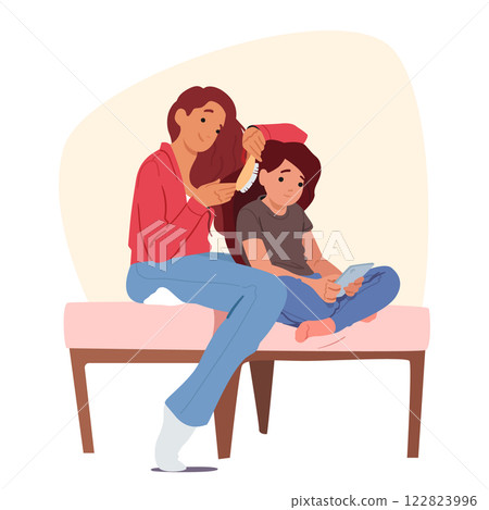 Young mother combing hair of her preteen daughter while girl watching mobile tablet cartoon scene 122823996