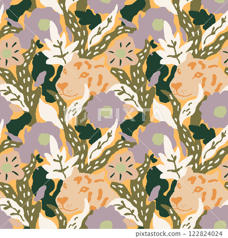 Seamless Jungle Pattern with Leopards and Tropical Leaves in Pastel Colors 122824024