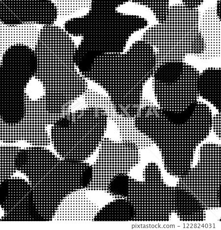 Halftone Black and White Abstract Pattern with Irregular Shapes and Dots Illustration 122824031