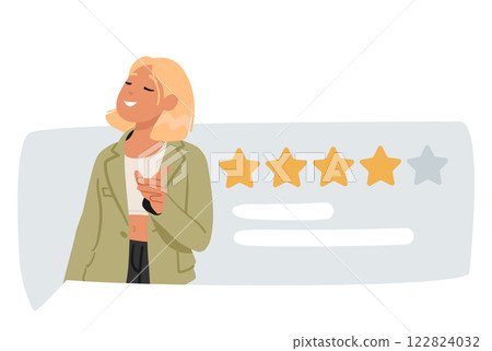 Woman cartoon character leaving comment and giving rating to service, mobile app or product 122824032