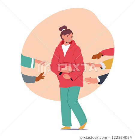 Pregnant teenage girl feeling angry suffering from bullying standing under pointing hands of abusers Pregnant teenage girl feeling angry suffering from bullying standing under pointing hands of abusers 122824034