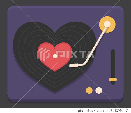 Retro vinyl record player with vinyl record in the shape of heart. Top view. Vector illustration 122824037