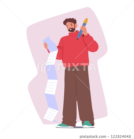 Hipster man cartoon character reading huge to-do list checking completed and unfinished tasks 122824048