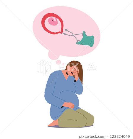 Stressed pregnant woman character afraid of abortion and childbirth surgery using obstetric forceps 122824049