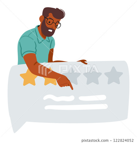 Man customer cartoon character leaving two stars low quality rating pointing at negative comments Man customer cartoon character leaving two stars low quality rating pointing at negative comments 122824052