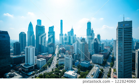 Aerial panoramic view of a modern urban skyline with futuristic skyscrapers, vibrant streets, organized city planning, tall glass buildings, sunny weather, and clear blue skies Aerial panoramic view of a modern urban skyline with futuristic skyscrapers, vibrant streets, organized city planning, tall glass buildings, sunny weather, and clear blue skies 122824060