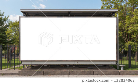Outdoor blank billboard with empty white space for advertising located in public park during sunny day. copy space Outdoor blank billboard with empty white space for advertising located in public park during sunny day. copy space 122824062