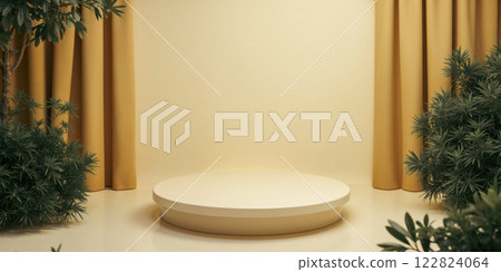 Minimalistic round podium with green plants and yellow curtains for product showcase in studio lighting background Minimalistic round podium with green plants and yellow curtains for product showcase in studio lighting background 122824064