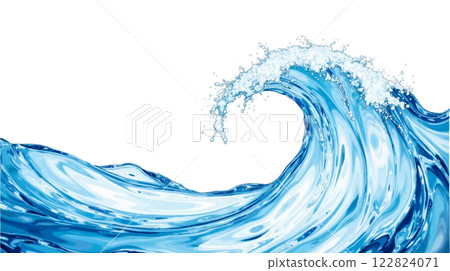 Blue ocean wave with white foam splashing on white background, dynamic water movement, powerful sea wave, clear blue water, ocean energy, nature force, aquatic beauty 122824071