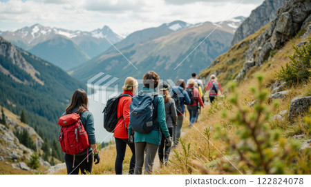 Group of hikers on mountain trail overlooking lake adventure travel nature scenic view summer exploration outdoor activity friends journey 122824078