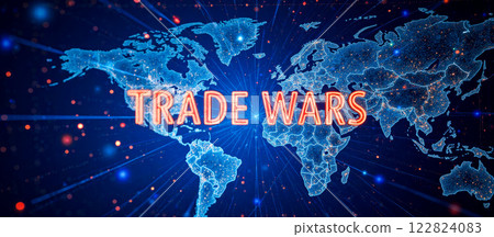 Illustration of trade wars with highlighted world map in blue and red, representing economic conflicts, geopolitical disputes, and international trade tensions affecting global commerce Illustration of trade wars with highlighted world map in blue and red, representing economic conflicts, geopolitical disputes, and international trade tensions affecting global commerce 122824083