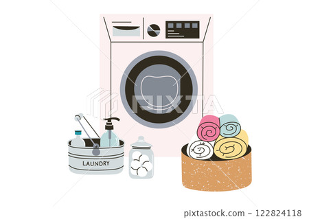 Laundry composition with washing machine, vector illustration of basket with rolled up towels, laundry balls in jar, and container with laundry detergent and cleaning products. Flat cartoon doodles Laundry composition with washing machine, vector illustration of basket with rolled up towels, laundry balls in jar, and container with laundry detergent and cleaning products. Flat cartoon doodles 122824118