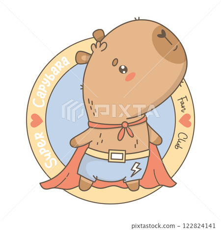 Cute superhero Capybara. Funny cartoon kawaii character animal mascot in red raincoat. Cool Round logo emblem Fan Club capibara. Vector illustration Cute superhero Capybara. Funny cartoon kawaii character animal mascot in red raincoat. Cool Round logo emblem Fan Club capibara. Vector illustration 122824141