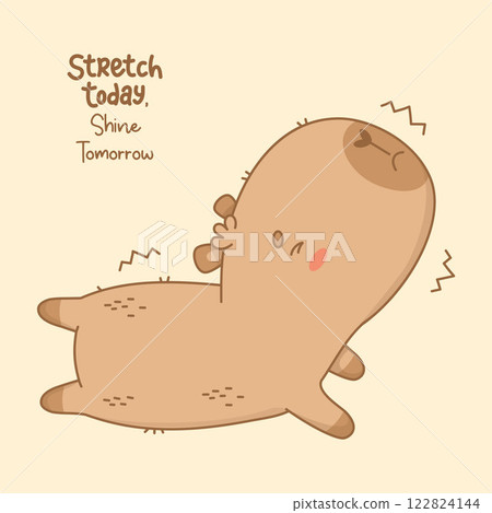 Funny Capybara Athlete is engaged in fitness. Lies on stomach and stretches. Cartoon kawaii animal sportsman yogi with motivational quote. Vector illustration 122824144