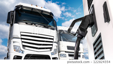 Electric vehicles charging station on a background of a trucks Electric vehicles charging station on a background of a trucks 122824354