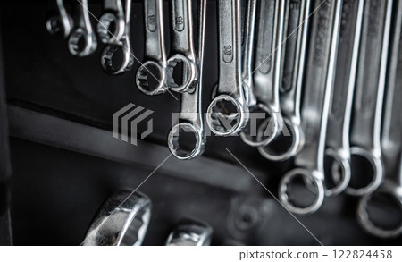 Wrench spanner tool variety for repair work. Metal key equipment for repaiman and engineers 122824458