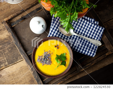 Pumpkin soup plate. Vegetable food Pumpkin soup plate. Vegetable food 122824530