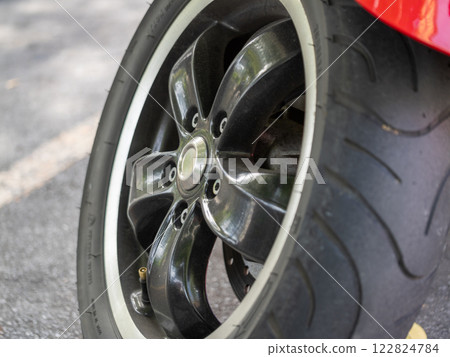 High-performance motorcycle tire close-up urban street detailed ground-level automotive engineering 122824784