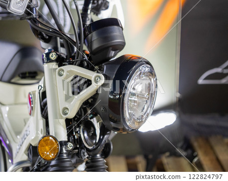 Motorcycle showcase exhibition urban center product display close-up engineering design 122824797