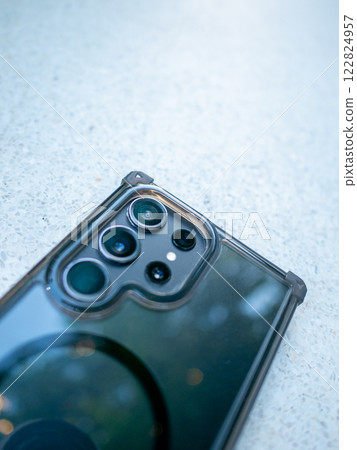 Close-up action of smartphone camera outdoor setting modern technology creative perspective Close-up action of smartphone camera outdoor setting modern technology creative perspective 122824957
