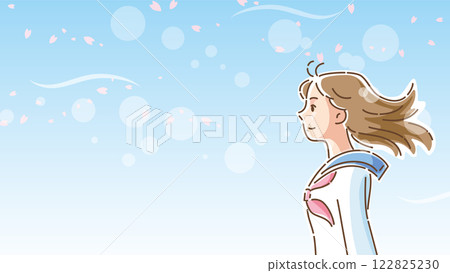 身穿水手服的女學生站在隨風搖曳的櫻花叢中 身穿水手服的女學生站在隨風搖曳的櫻花叢中 122825230