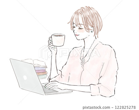 A woman using a computer while drinking coffee 122825278