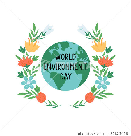 World environmental day concept. Illustration of earth inside flower wreath. Hand drawn vector illustration 122825428